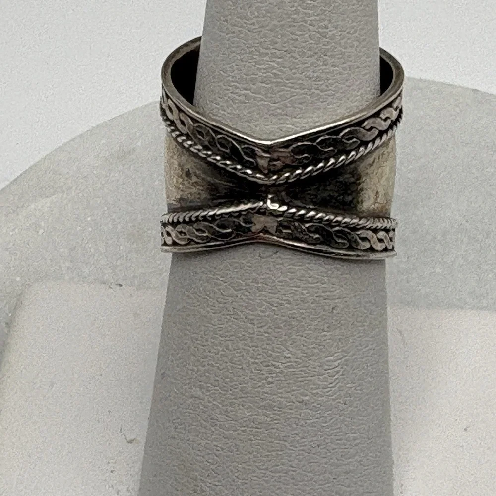 Vintage Sterling Silver Hematite Wide Band Ring Size 7 Bali Boho Braided Estate